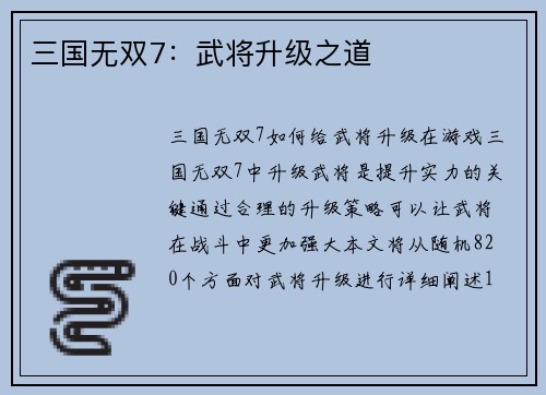 三国无双7：武将升级之道